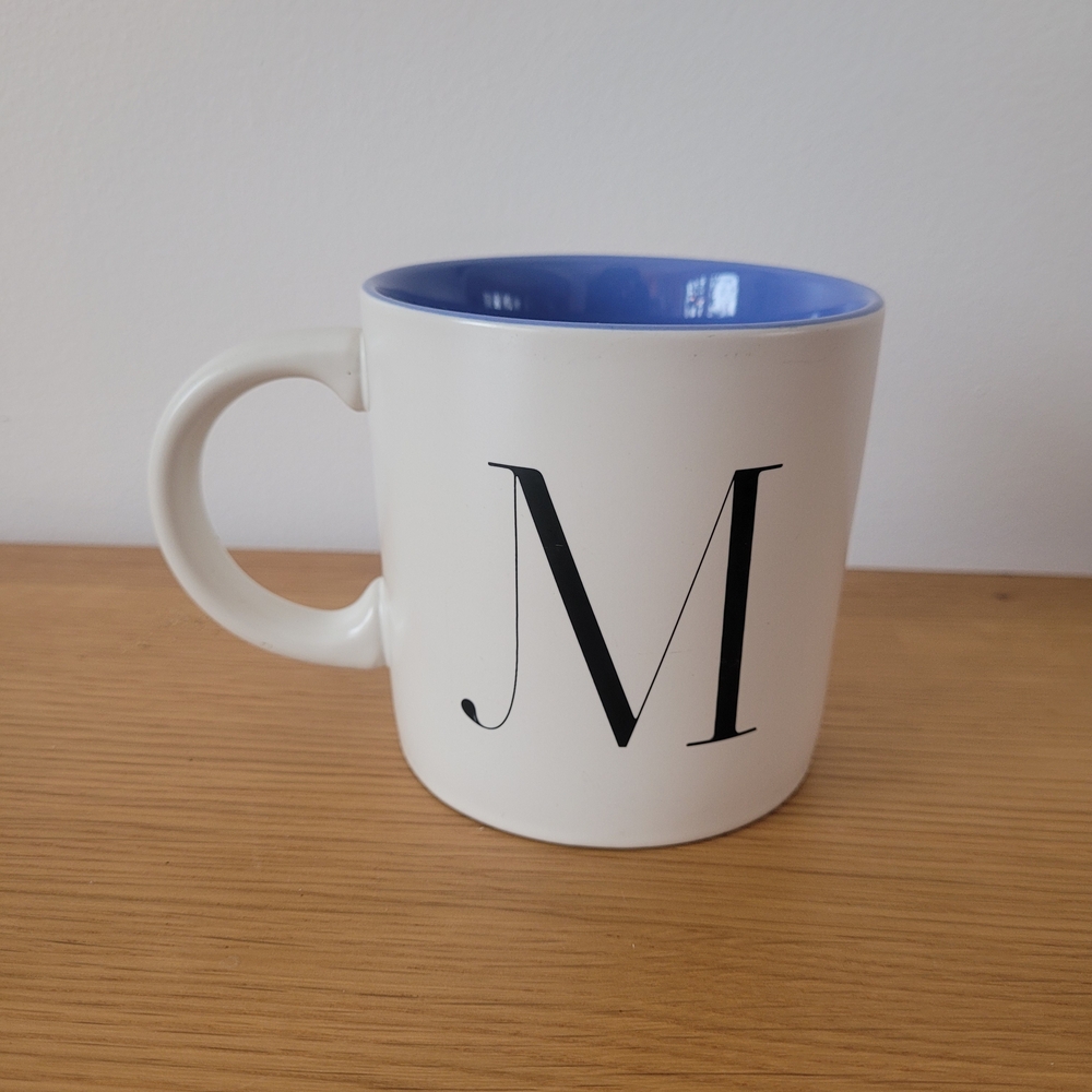Indigo Letter Mug "M" blue Interior Coffee Tea Mug Initials Monogram
